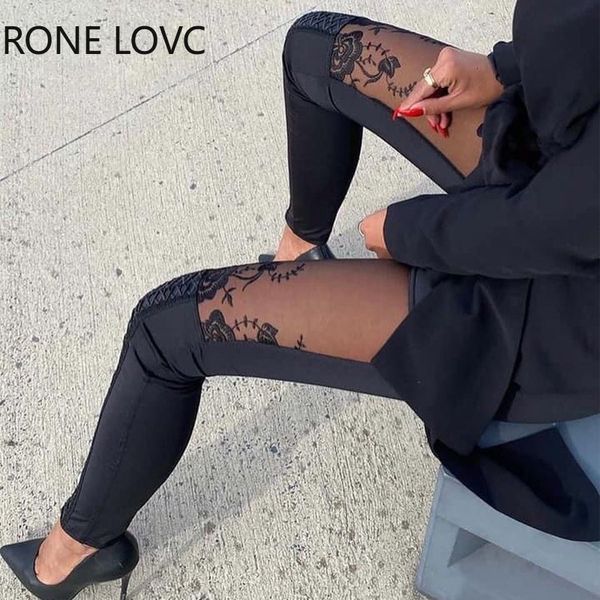 

womens pants capris women casual high waist sheer mesh lace embroidery patch skinny pencil 230313, Black;white