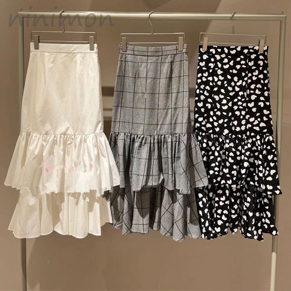 

skirts ninimon tiered ruffled mermaid skirt women slim package hip midi skirts high waist frill asymmetrical hem office ol long skirt 230313, Black