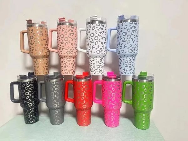 

40oz leopard stainless steel tumbler with handle lid straw big capacity beer mug water bottle outdoor camping cup vacuum insulated drinking