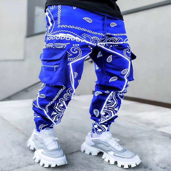 

men's pants print cashew flower casual sports harem loose high streetwear xargo with multi-bag men pantalones 230313, Black