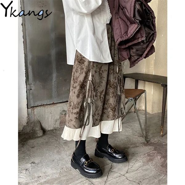 

skirts french vintage stitching irregular long skirt female autumn winter high waist loose midlength skirt women lace up pleated skirt 23031, Black