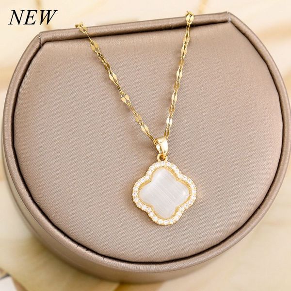 

natural stone clover pendant necklace jewelry for women gift, Silver