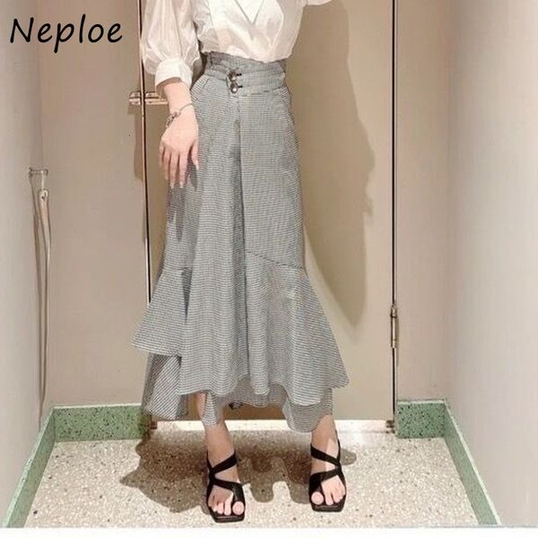 

skirts neploe solid color plaid irregular hip package skirt japanese early autumn faldas mujer moda high waist button jupe 230313, Black