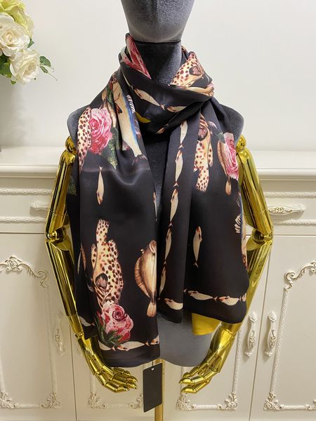 

omen's long scarf shawl scarves double layer design black print fish flowers 50% silk 50% wool material size 180cm - 65cm, Blue;gray