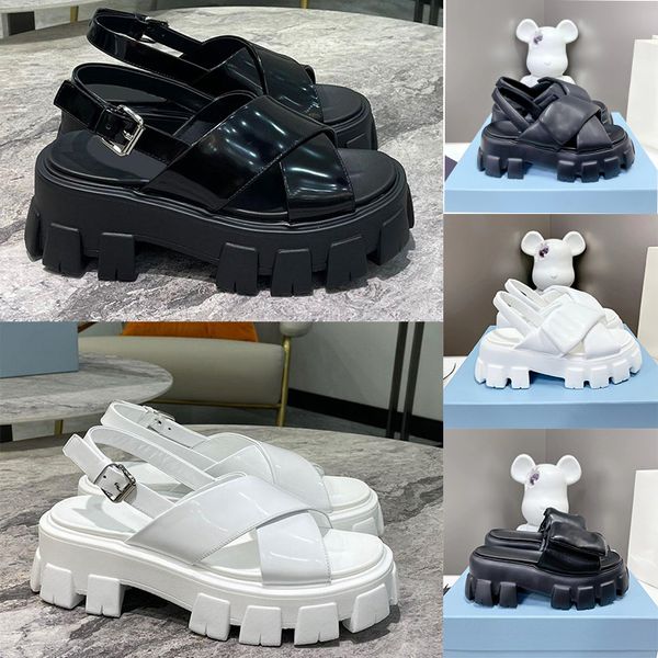 

designer sandal monolith sandal women platform slippers genuine leather slipper slip-on wheel mules rubber thick soled buckle strap slippers, Black