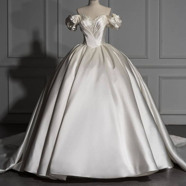 

vintage ball gown wedding dresses new off shoulders ruffles short sleeve corset back ruched long bridal gowns plus size robes bc15426, White