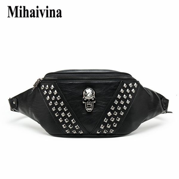 

waist bags mihaivina punk rivet skull men women black fanny pack leather chest female shoulder messenger bum 230313