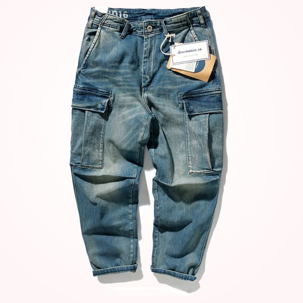 

men's jeans trousers men's nine minutes pants loose small straight retro washed old heavy stretch jeans. 230313, Blue
