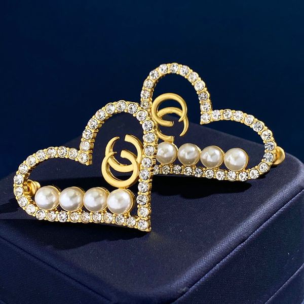 

stud vintage gold plated vintage pearl heart earrings jewelries letter wedding gift factory wholesale with dust bag, Golden;silver