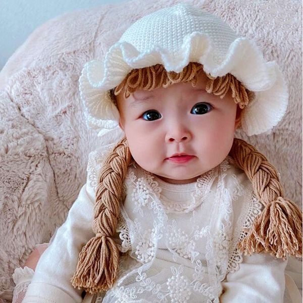 

caps hats style children baby girl bucket hat hair pigtail braid wig cap winter warm knitted infant kids girls hats caps ruffled white 23031, Yellow