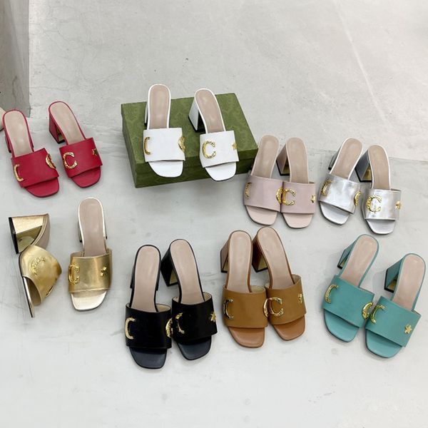 

2023 women sandals designer fashion retro metal letters star leather white black gold silver nude brown red slippers high heel 35-41