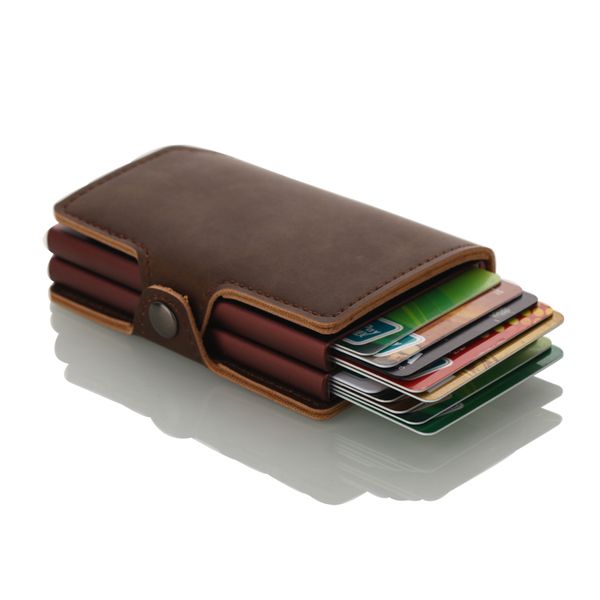 

men's purse dual manual pop up business card holder rfid minimalist wallet metal double card holder case, Red;black