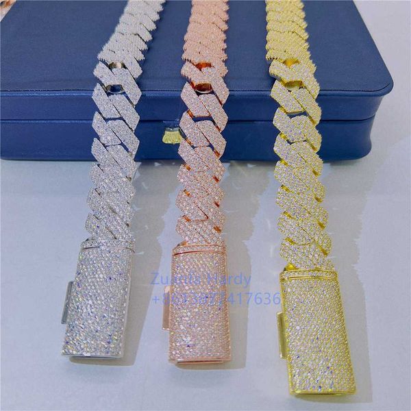 

factory wholesale iced out yellow rose white gold cuban link chain lab diamond hiphop iced out cuban link chain necklace, Silver