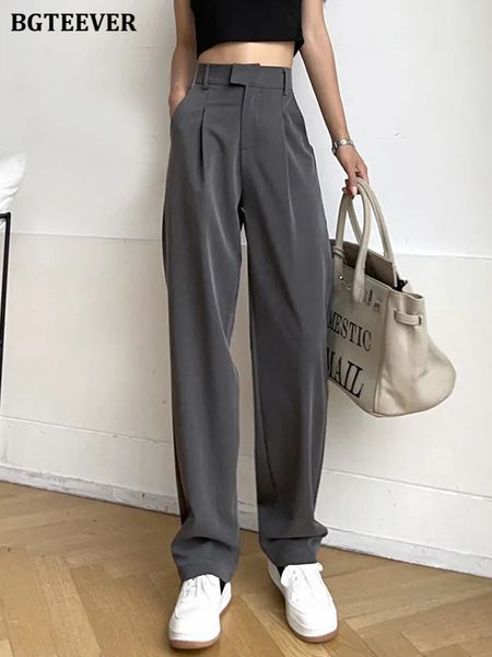 

womens pants capris bgteever casual loose pockets straight female trousers high waist women long 230313, Black;white