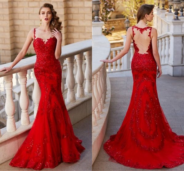 

arabic red evening dresses sheer neck appliques beads backless long women prom gowns bridal reception dress custom made bc15263, Black;red