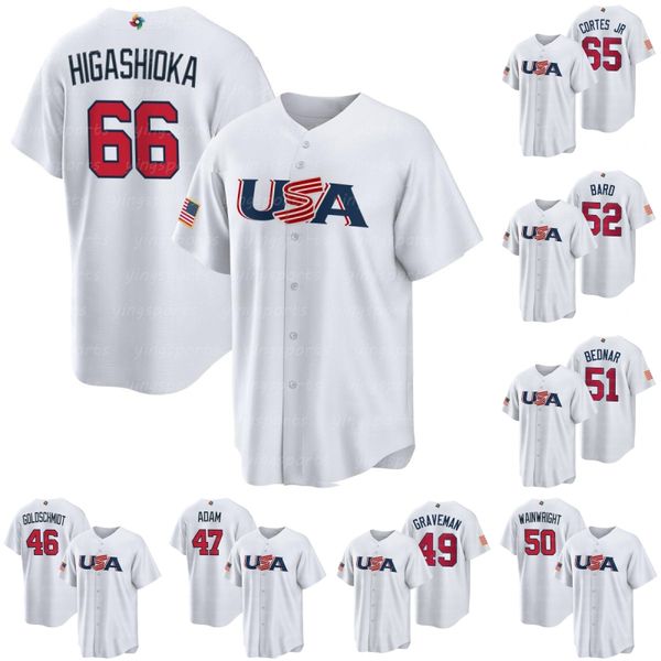 

2023 usa world baseball classic jersey wbc 66 kyle higashioka 65 nestor cortes jr. 55 ryan pressly 52 daniel bard 51 david bednar 50 adam wa, Blue;black