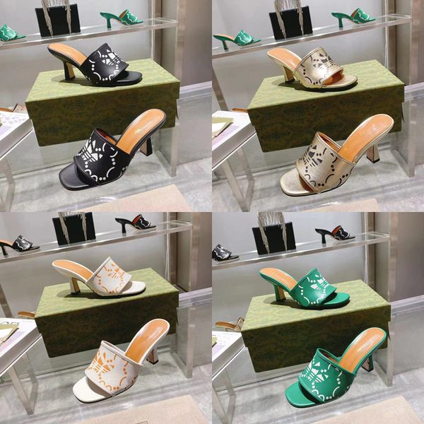 

2023 designer womens outdoors printed high-heeled slippers g family luxury 100% leather black white lake green sandals lady square peep-toe