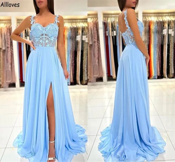 

charming light sky blue a line prom dresses elegant lace appliqued spaghetti straps evening party gowns chiffon side split women second rece, Black