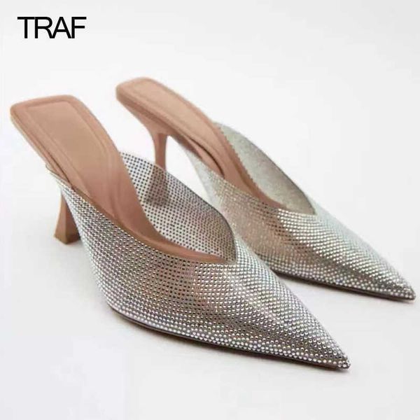 

sandals traf woman transparent rhinestone heels slingback shoes high-heeled spring summer 2022 women pumps clear mules high heel, Black