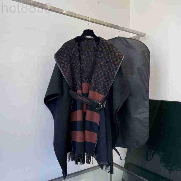 

women's cape designer elegant tassels loose coat with letter belt autumn winter patchwork hooded overcoat parka wvks, Black