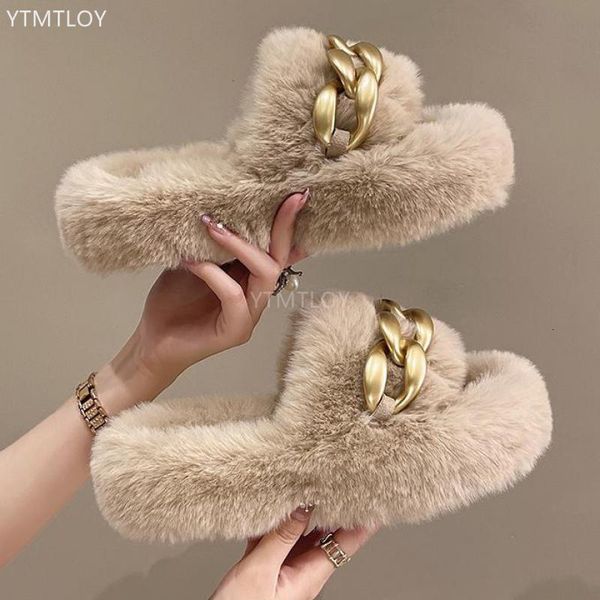 

slippers fur slippers women's autumn winter large size fashion thick bottom slides home open toe ytmtloy zapatillas mujer casa 230313, Black