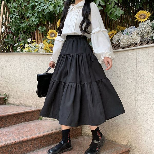 

skirts houzhou kawaii black long skirts women lolita white patchwork high waisted midi skirt autumn japanese soft girl preppy style 230313
