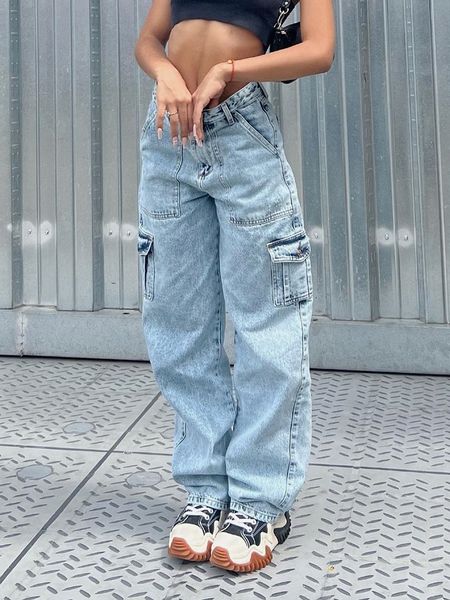 

womens jeans women high waist baggy flap pocket side relaxed fit straight wide leg cargo slim streetwear boyfriend trousers 230313, Blue