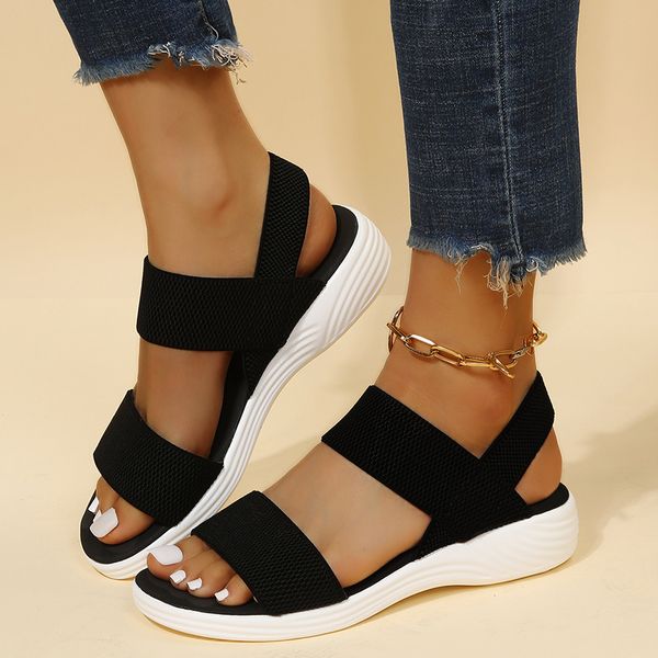 

sandals casual and comfortable all-match hollow elastic band buckle trifle bottom women's sandals solid color plus size women's sa, Black