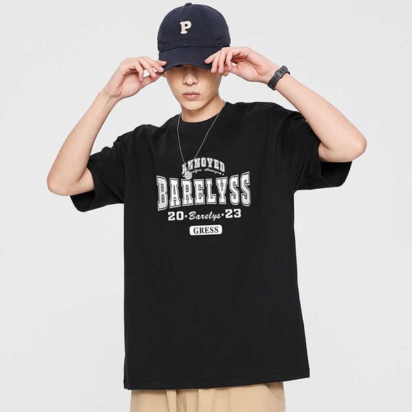 

short sleeve t-shirt men's summer new fashion brand letter print 5/4 sleeve american loose casual t-shirt, Black;white