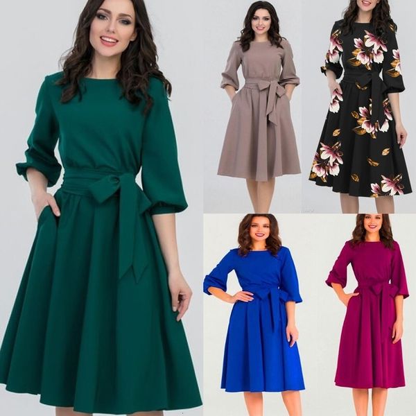 

casual dresses spring vintage solid lantern sleeve a-line dress women elegant o-neck half sleeve pocket sashes knee-length casual dress 2303, Black;gray