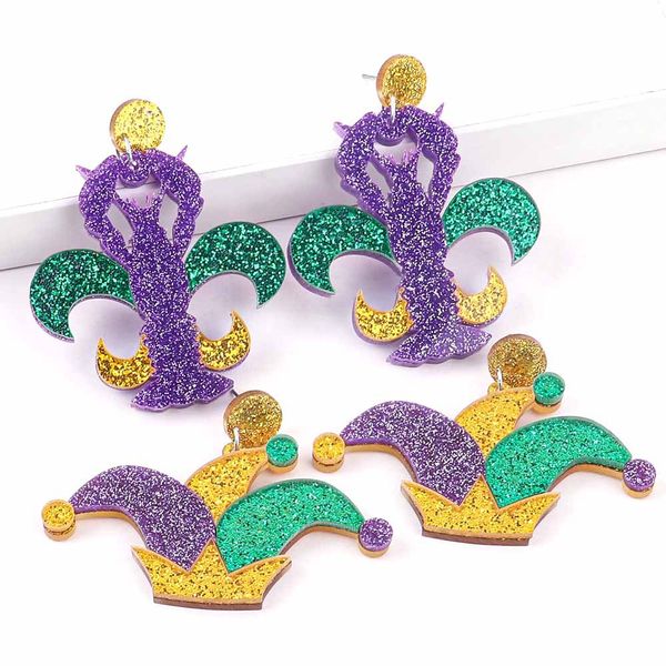 

new acrylic mardi gras stud earrings fashion jewelry exaggerated lobster clown hat mouth feather earrings for women accessories, Golden;silver