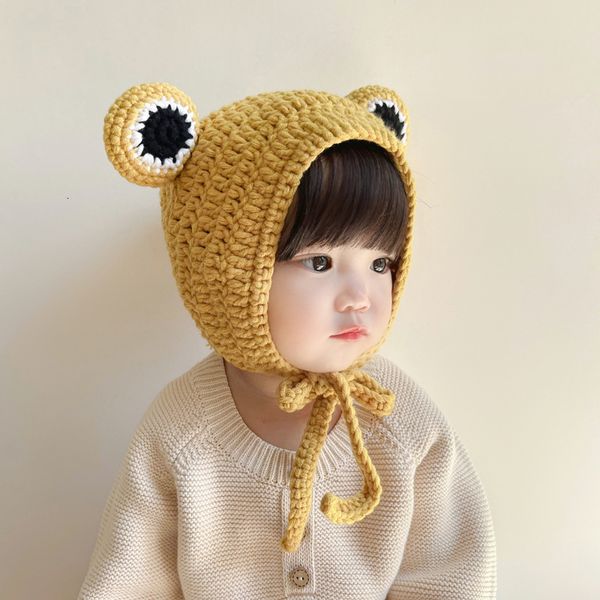 

caps hats autumn winter baby boys and girls cute frog knitted ear cuff hat infants cute warm hand knit cap 230313, Yellow