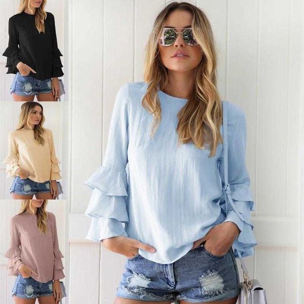 

new back split round neck three-layer ruffle long-sleeved shirt, White