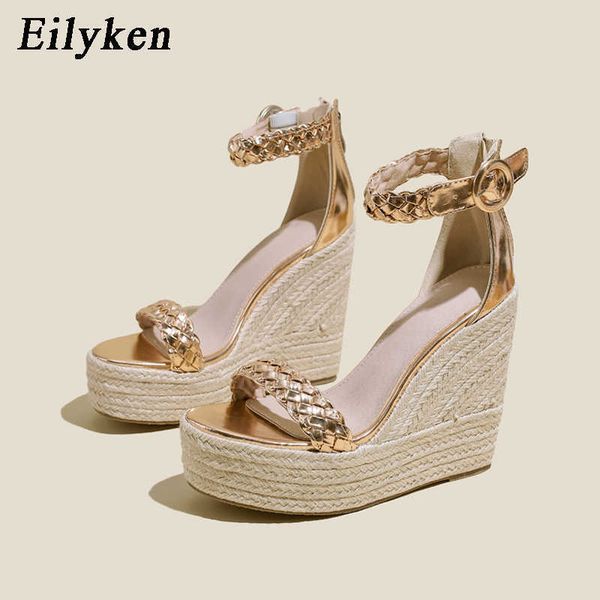 

summer peep toe weave cane straw sandals buckle platform wedges women fashion high heels female shoes 230306, Black