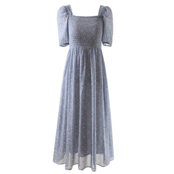 

high-quality square-collar retro style printed loose waist dress, Black
