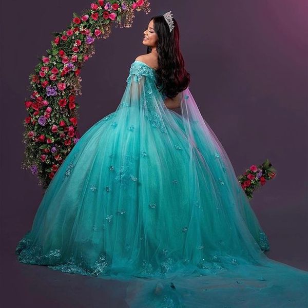 

2023 light green ball gown quinceanera dresses new style applique lace with cape cinderella princess party gowns, Blue;red