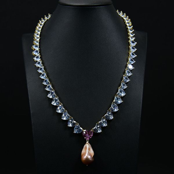 

natural purple keshi pearl pendants gold plated clear rhinestone heart chokers chain necklace baroque pearl pendant for lady, Silver