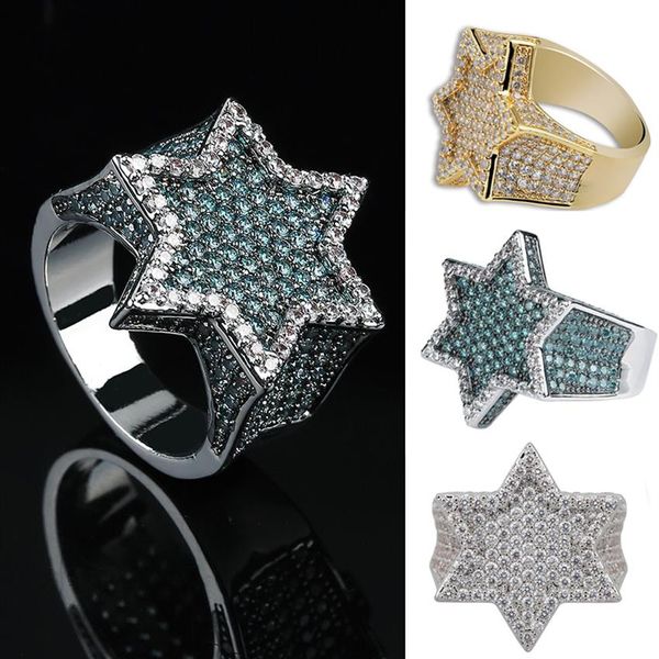 

real gold & white gold dark green iced out cubic zirconia hexagonal star finger band ring color preserve bling diamond rapper ring209o, Silver