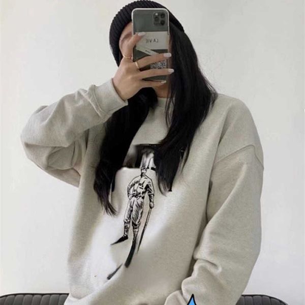 

season 7 main high street flocking printed baseball round neck sweater, Black