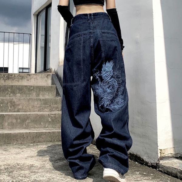 

womens jeans american retro street loose embroidered straightleg jeans women casual allmatch highwaist mopping wideleg trousers 230313, Blue