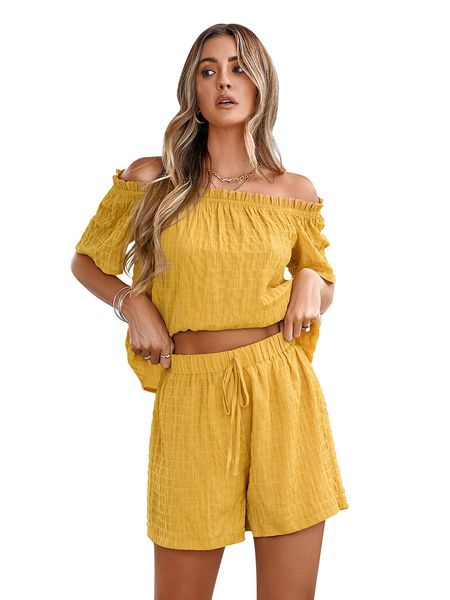

spring summer short women's two piece pants off-shoulder pullover women's blouse solid color drawsting waist short pants two piec, White