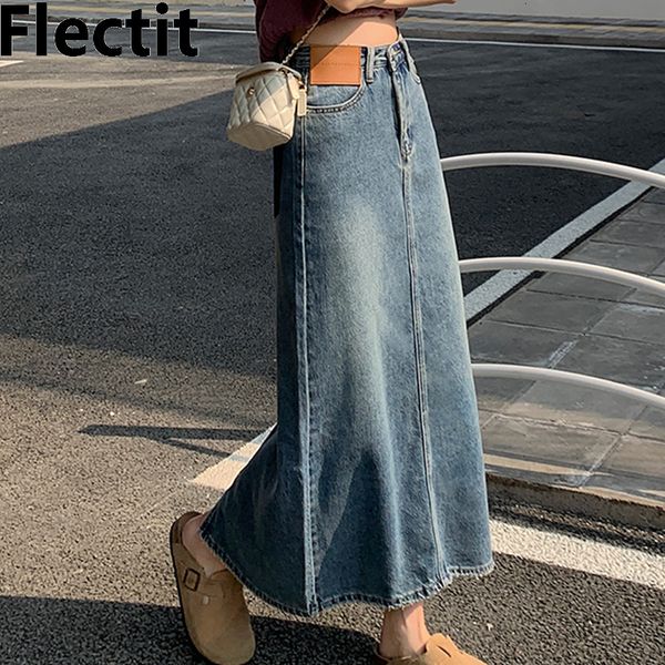 

skirts flectit vintage long denim skirt for women back slit straight-fit washed blue jean maxi skirt retro outfit 230313, Black