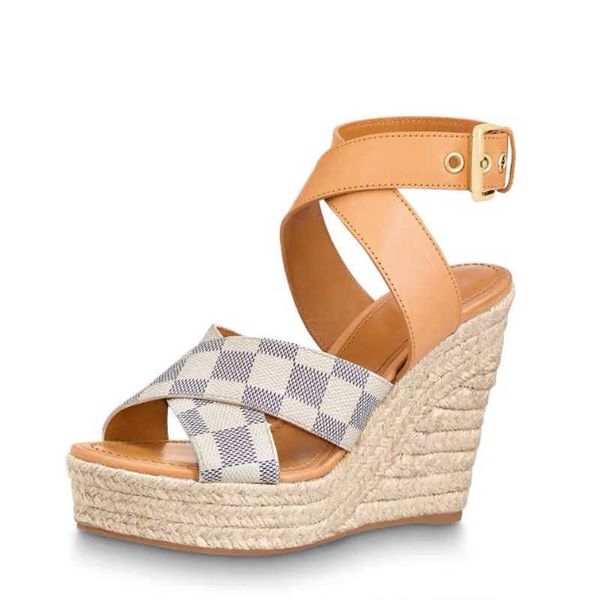 

high-heeled sandals twine braided summer beach fashion casual sandals leather wedges belt buckle women shoes lady metal cowhide letter fishe, Black