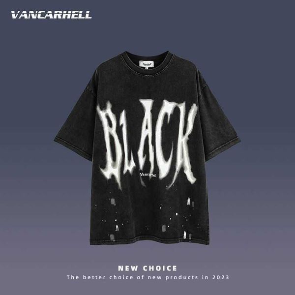 

american high street fashion label design psensitive variable letter printing short-sleeved t-shirt men's oversize loose couple top, Black;white