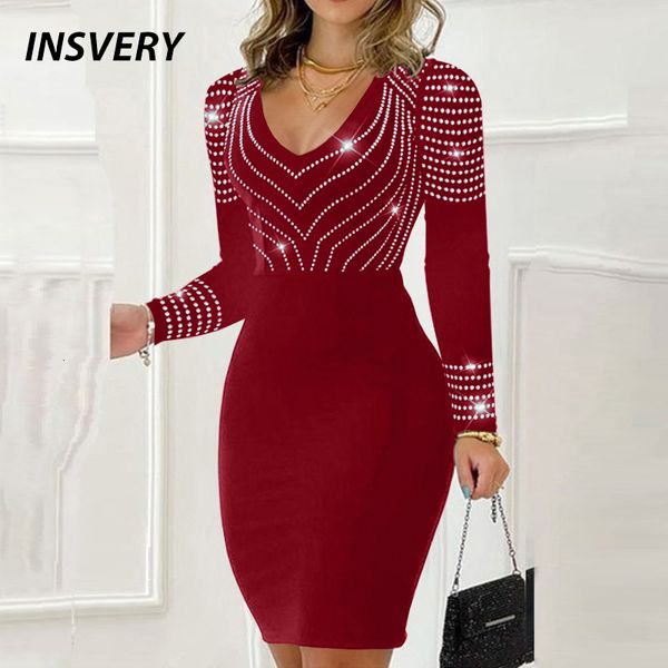 

casual dresses bodycon dress red v neck long sleeve diamand design party dresses for women elegant mini dress 230313, Black;gray