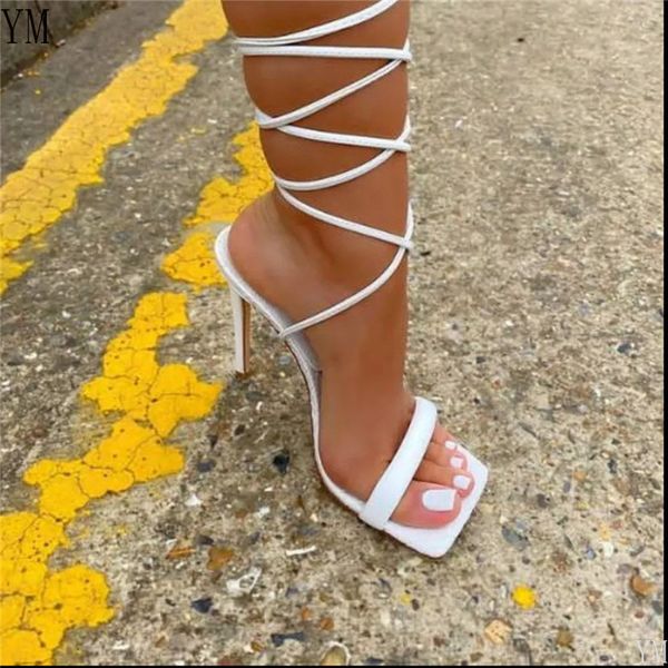 

sandals women sandals hollow tied square toe shoes fashion white leather peep toe ankle strap ladies thin high heels sandals 36-43 230313, Black