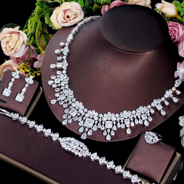

wedding jewelry sets cwwzircons 4pcs dubai cubic zirconia paved flower fringed expensive luxury chunky bridal for women t667 230313, Slivery;golden