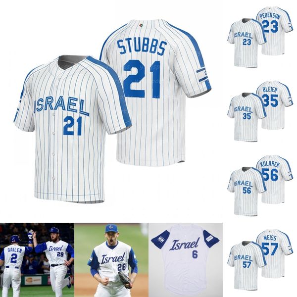 

israel wbc jerseys 2023 world baseball classic 21 garrett stubbs 23 joc pederson 35 richard bleier 56 adam kolarek 57 zack weiss 59 jake bir, Blue;black