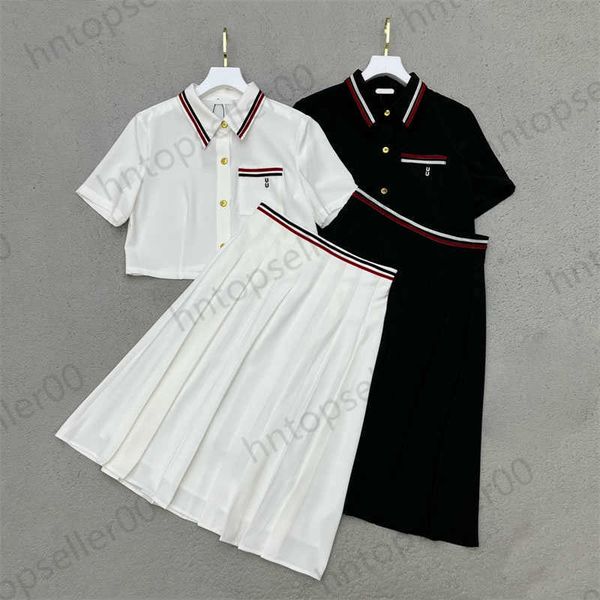 

summer designer dresses sets white letter-embroidered ribbon patchwork decorative blouse with pleated skirt custom imported cotton fabric 2