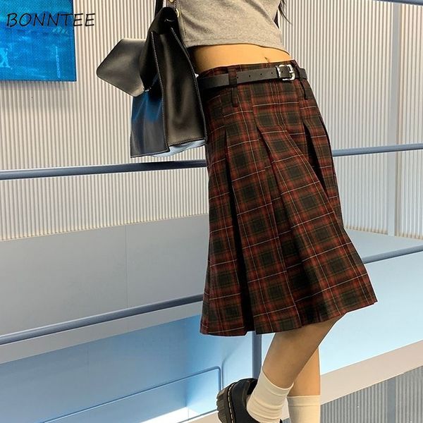 

skirts pleated skirts women plaid knee-length autumn korean fashion preppy style all-match casual students vintage literary low waist 230313, Black